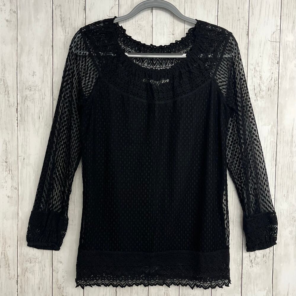 Max Studio Black Dot Floral Lace Lined Long Sleeve Goth Whimsygoth Blouse Small